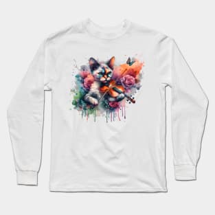 Devon Rex Cat Playing Violin Long Sleeve T-Shirt